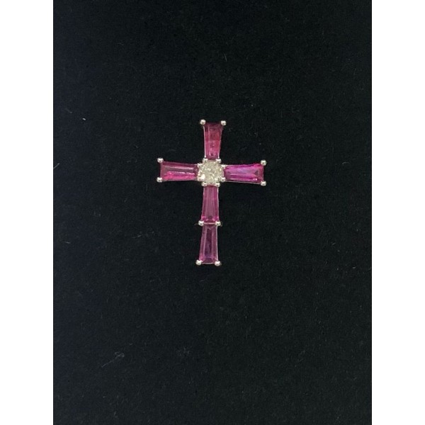 Σταύρος λευκοχρυσος κ18 με ρουμπίνια RECTANGLE βάρους 0,50cts και brilliant βάρους 0,05cts